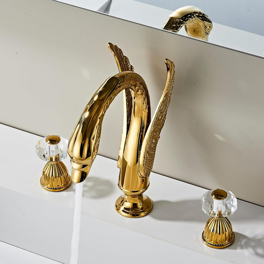 Swan 3 Hole Gold Brass Ornate Golden Copper Elegant 8 inch Bathroom Faucets Unique 3 Piece 2 Crystal Handles Bathroom Sink Faucet