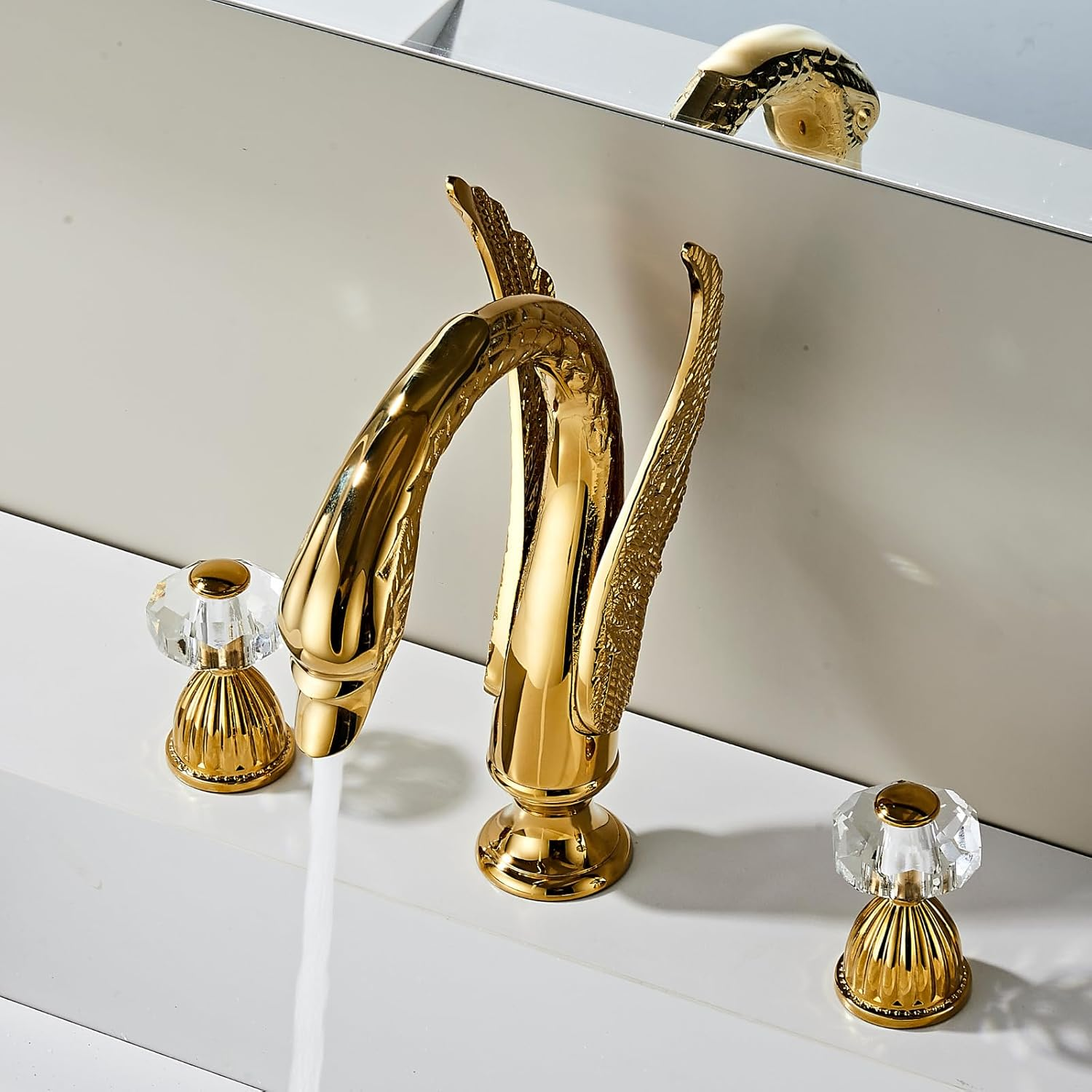 Swan 3 Hole Gold Brass Ornate Golden Copper Elegant 8 inch Bathroom Faucets Unique 3 Piece 2 Crystal Handles Bathroom Sink Faucet