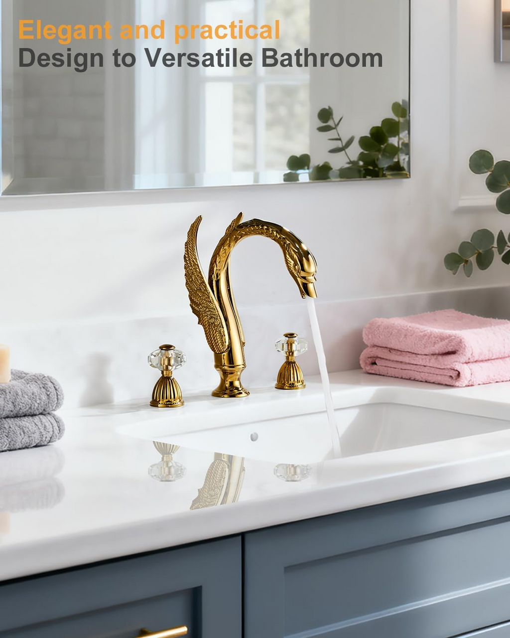 Swan 3 Hole Gold Brass Ornate Golden Copper Elegant 8 inch Bathroom Faucets Unique 3 Piece 2 Crystal Handles Bathroom Sink Faucet
