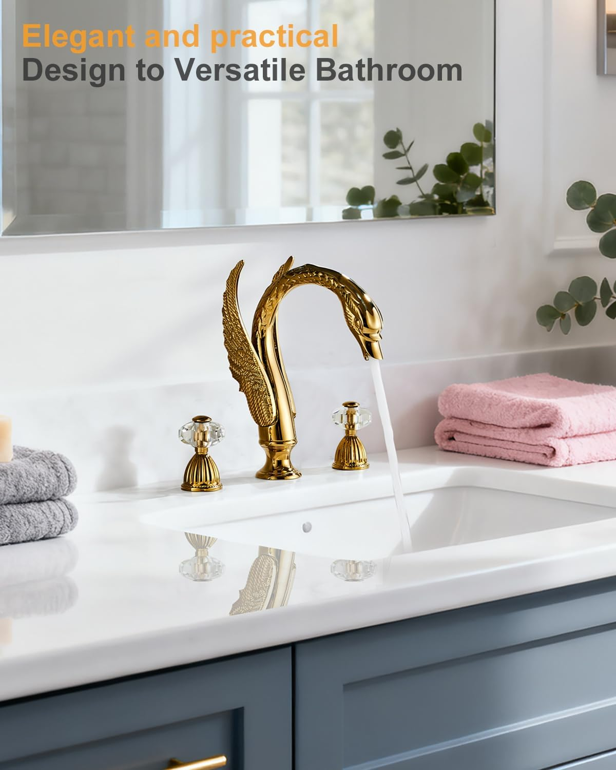 Swan 3 Hole Gold Brass Ornate Golden Copper Elegant 8 inch Bathroom Faucets Unique 3 Piece 2 Crystal Handles Bathroom Sink Faucet