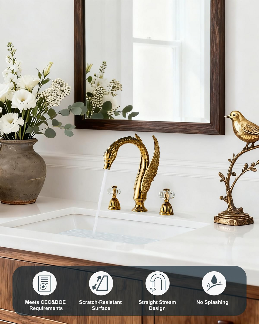 Swan 3 Hole Gold Brass Ornate Golden Copper Elegant 8 inch Bathroom Faucets Unique 3 Piece 2 Crystal Handles Bathroom Sink Faucet