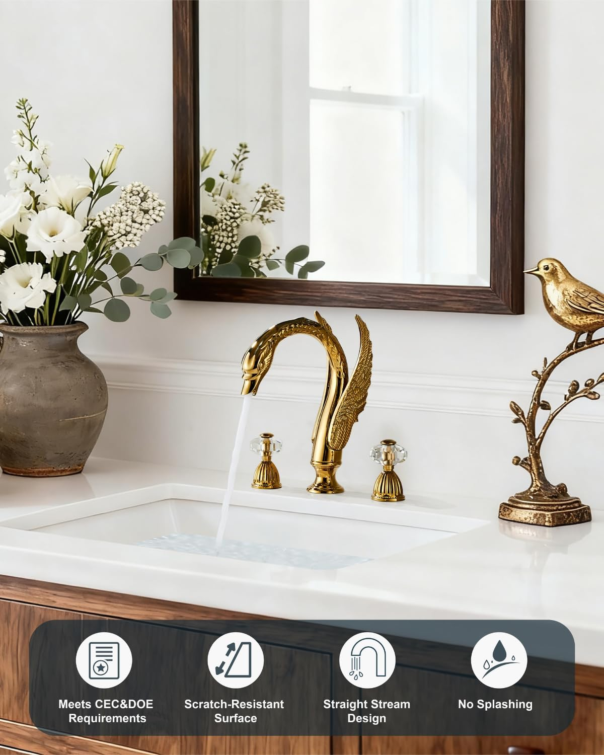 Swan 3 Hole Gold Brass Ornate Golden Copper Elegant 8 inch Bathroom Faucets Unique 3 Piece 2 Crystal Handles Bathroom Sink Faucet