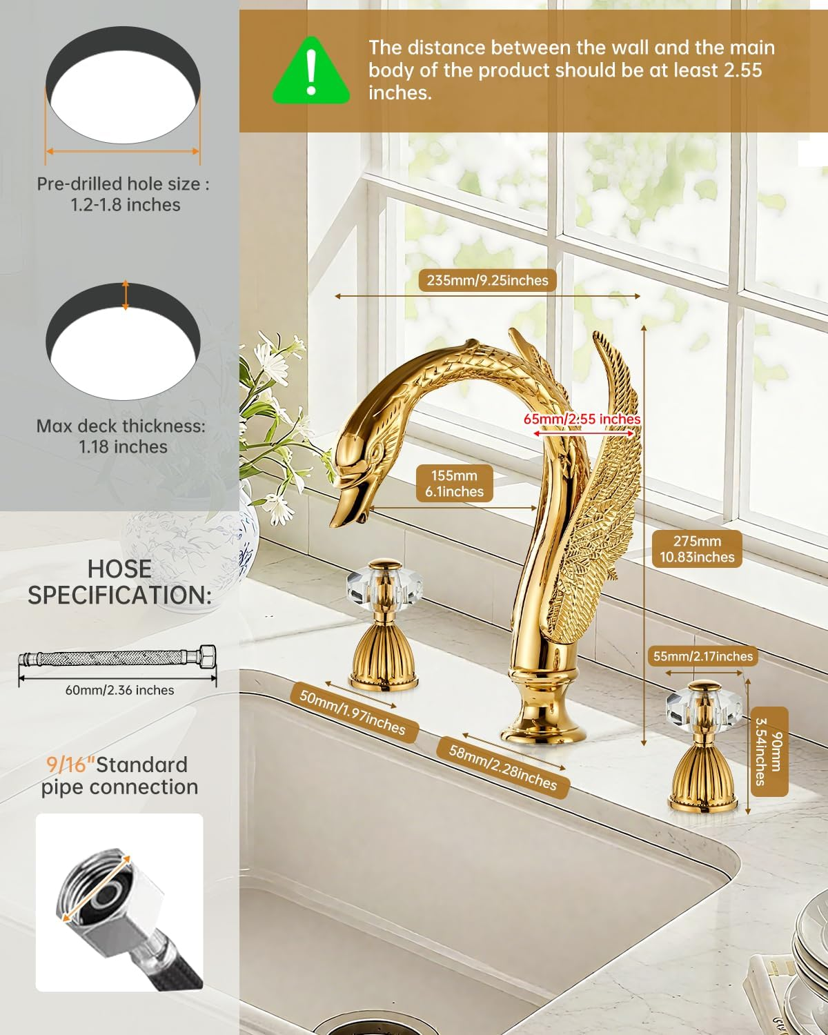 Swan 3 Hole Gold Brass Ornate Golden Copper Elegant 8 inch Bathroom Faucets Unique 3 Piece 2 Crystal Handles Bathroom Sink Faucet