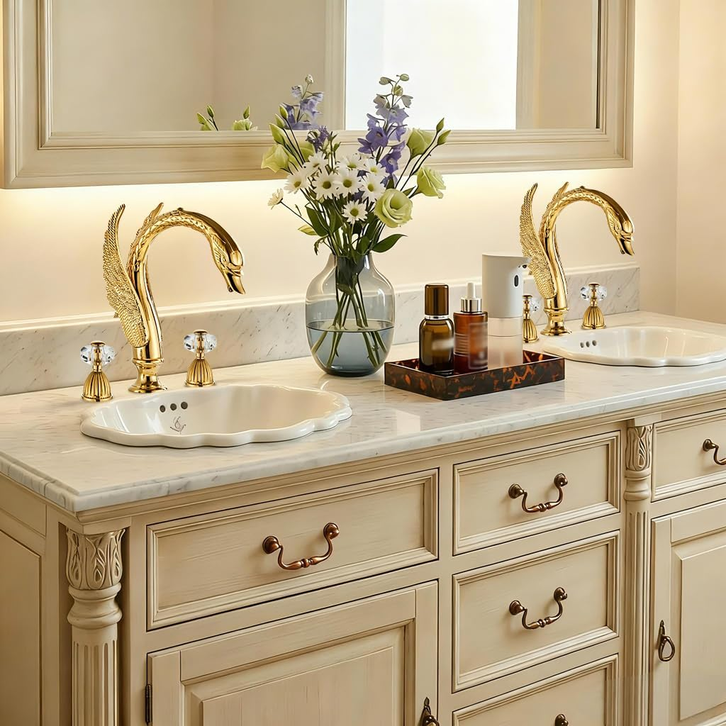 Swan 3 Hole Gold Brass Ornate Golden Copper Elegant 8 inch Bathroom Faucets Unique 3 Piece 2 Crystal Handles Bathroom Sink Faucet