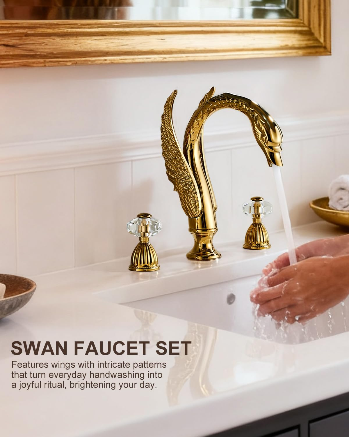 Swan 3 Hole Gold Brass Ornate Golden Copper Elegant 8 inch Bathroom Faucets Unique 3 Piece 2 Crystal Handles Bathroom Sink Faucet