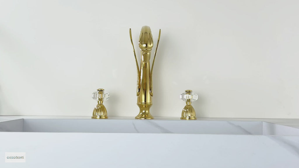 Swan 3 Hole Gold Brass Ornate Golden Copper Elegant 8 inch Bathroom Faucets Unique 3 Piece 2 Crystal Handles Bathroom Sink Faucet